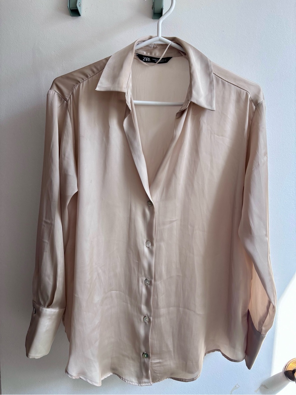 Zara Light Beige Satin Button-Down Shirt